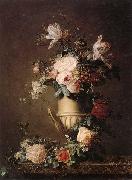 unknow artist A Still life of various flowers in a sculpted urn,resting on a marble-topped table France oil painting reproduction